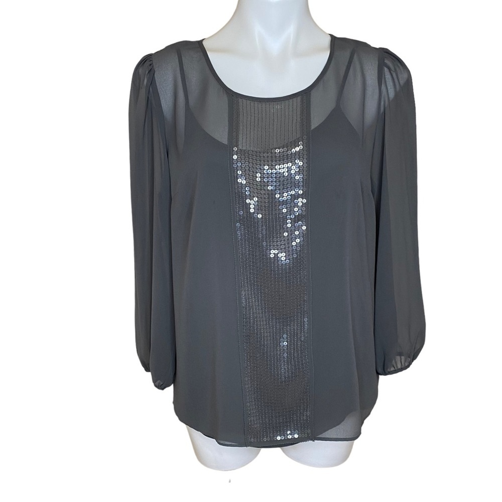 Worn once for new year. Talbots Gray Sheer Blouse with Sequin Front Panel